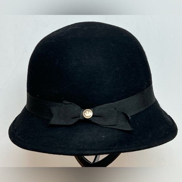 GOORIN BROS. Women’s Medium Cloche Wool Hat Black Ribbon Bow Logo Adjustable Cap - Picture 2 of 5